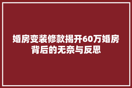 婚房变装修款揭开60万婚房背后的无奈与反思